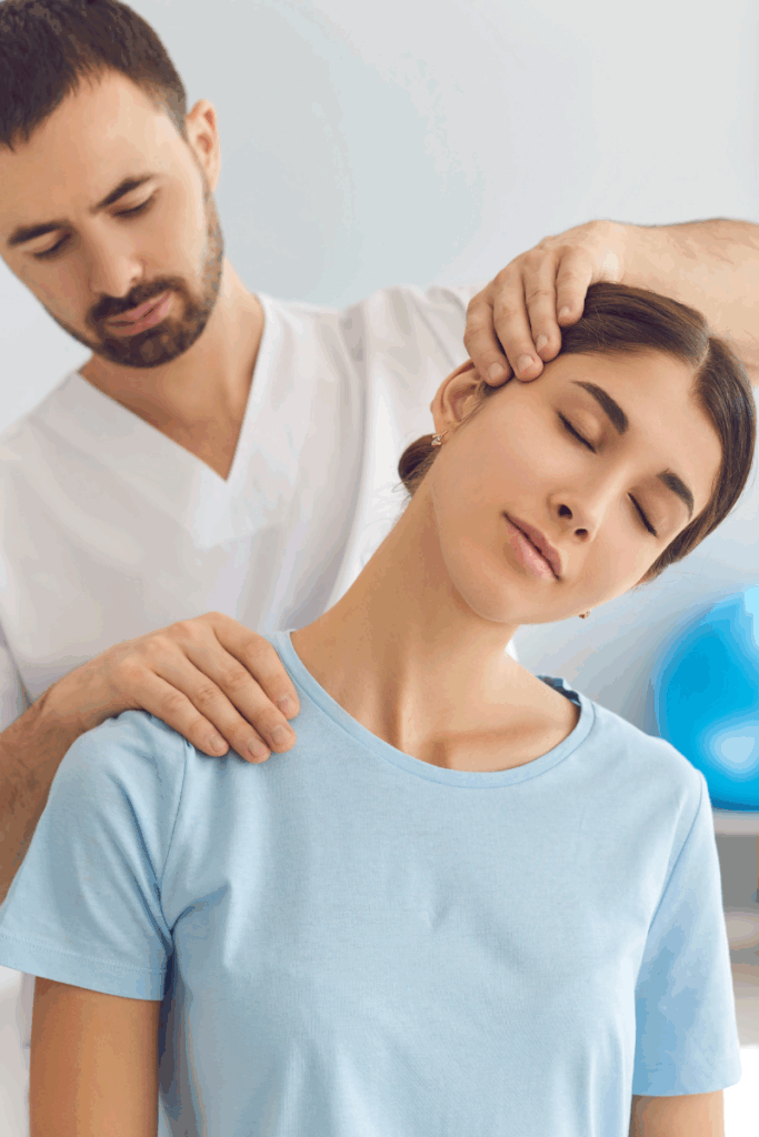 Physical therapist teaching chin tuck exercise