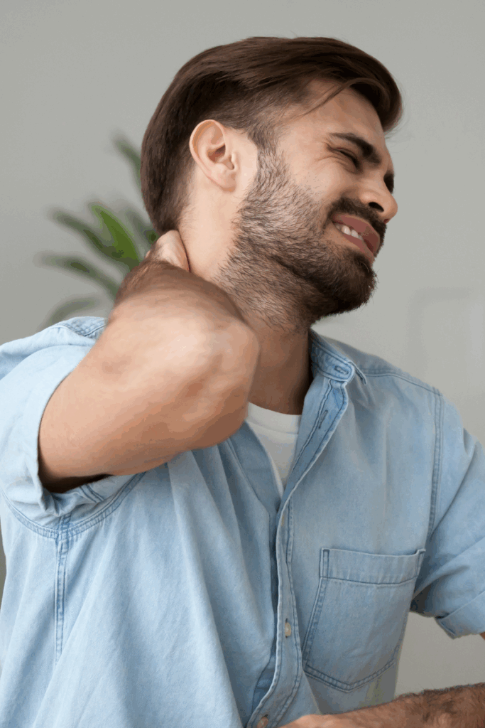 Close-up of neck stretch at a workstation