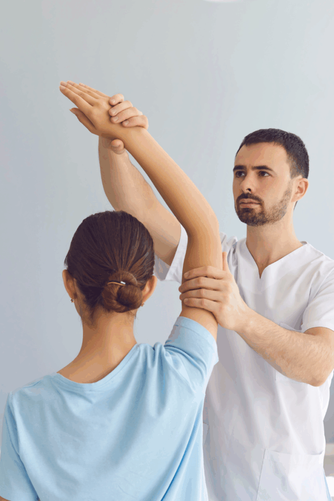 Joint replacement recovery timeline showing progression from assisted walking to full mobility.