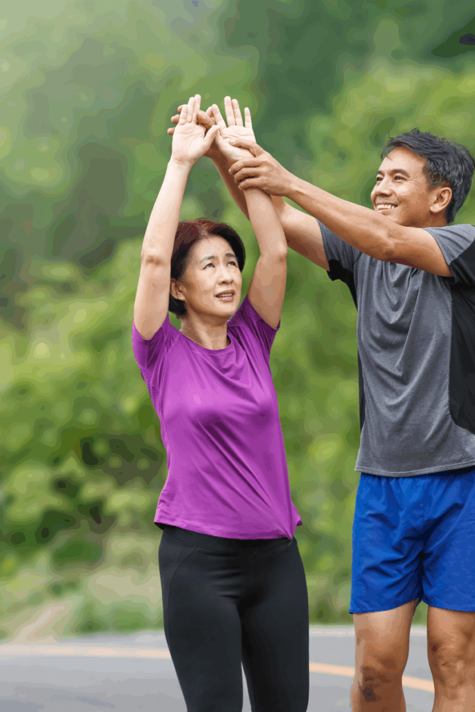 Active adult preparing for weekend activity with proper warm-up techniques.