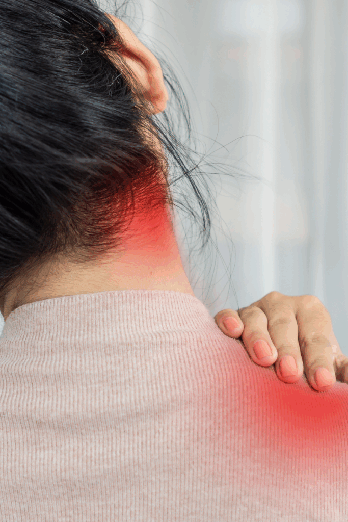 Comparison of poor and safe shoulder posture when holding a car seat.