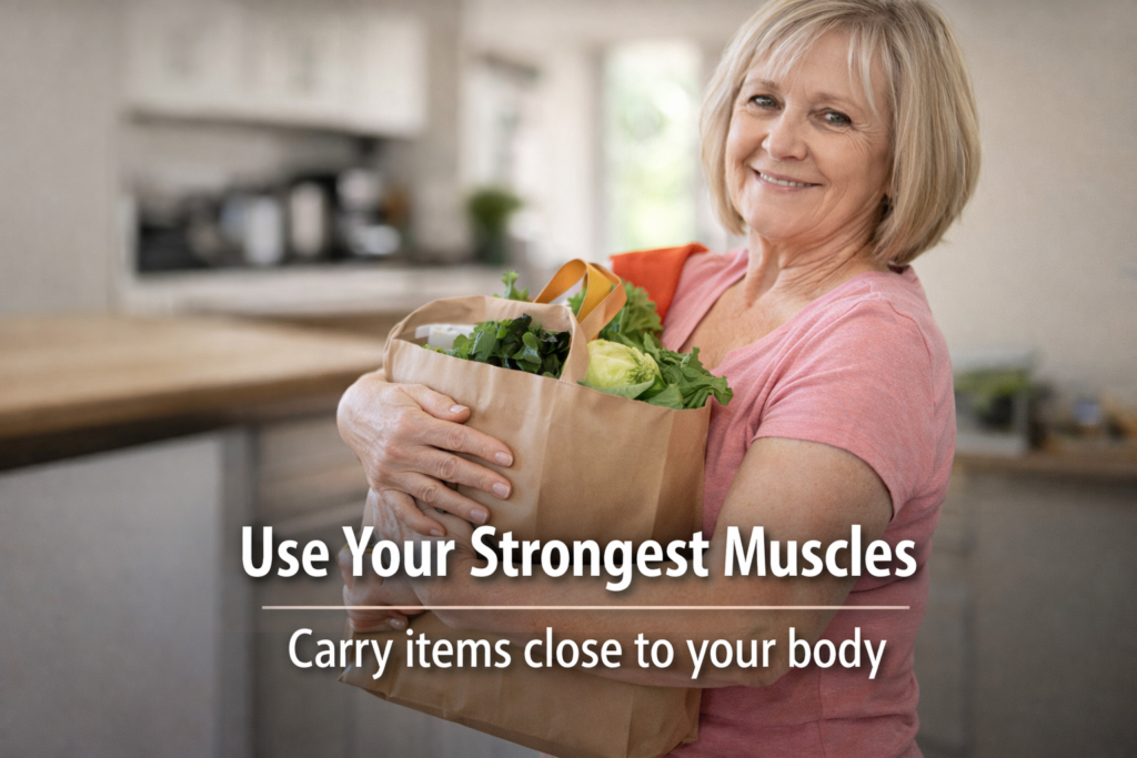 Older woman carrying groceries close to body for joint protection