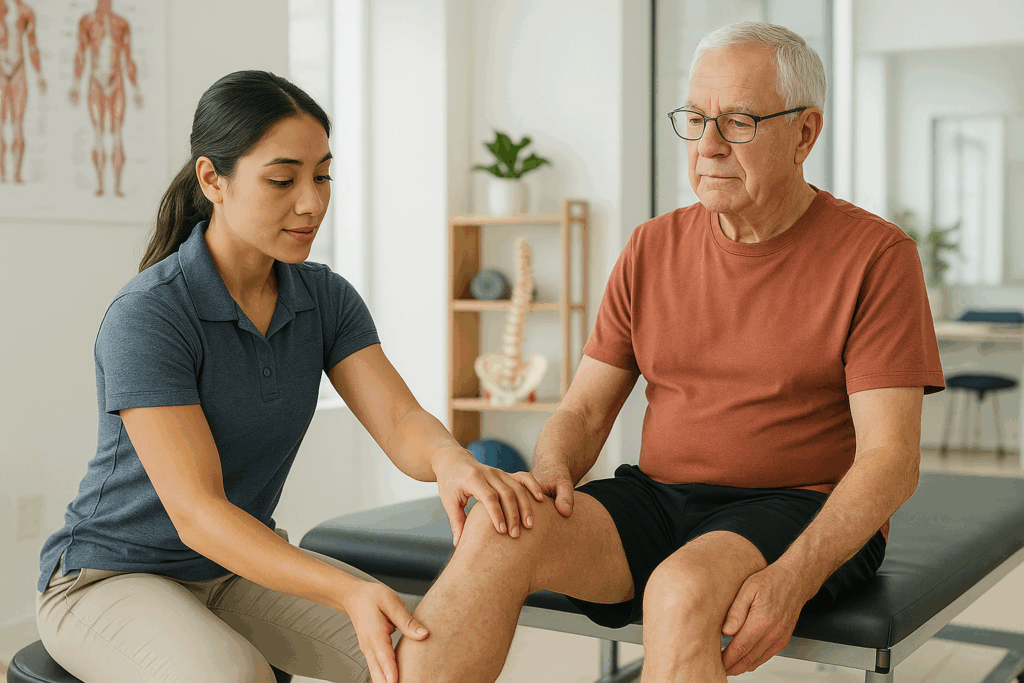 PT guiding older adult through gentle knee exercises in clinic