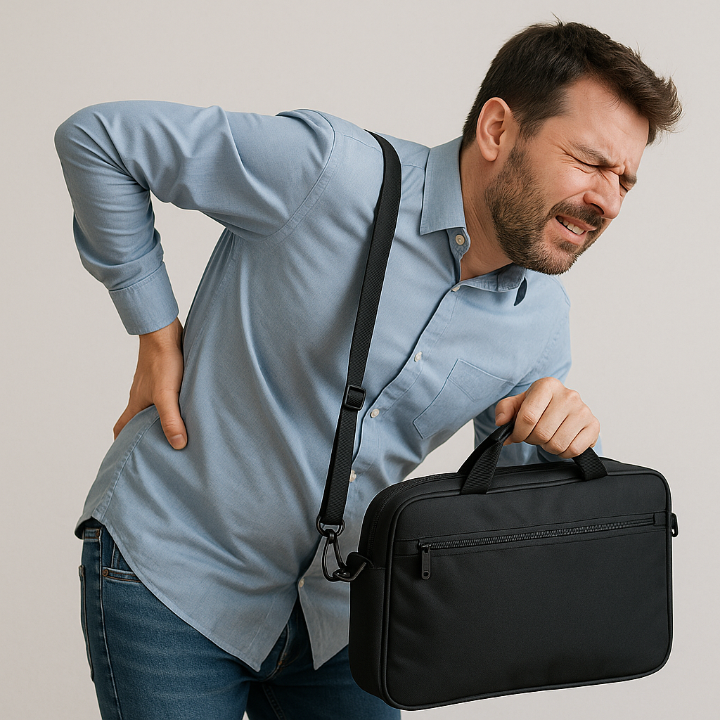 Man holding lower back while carrying laptop bag