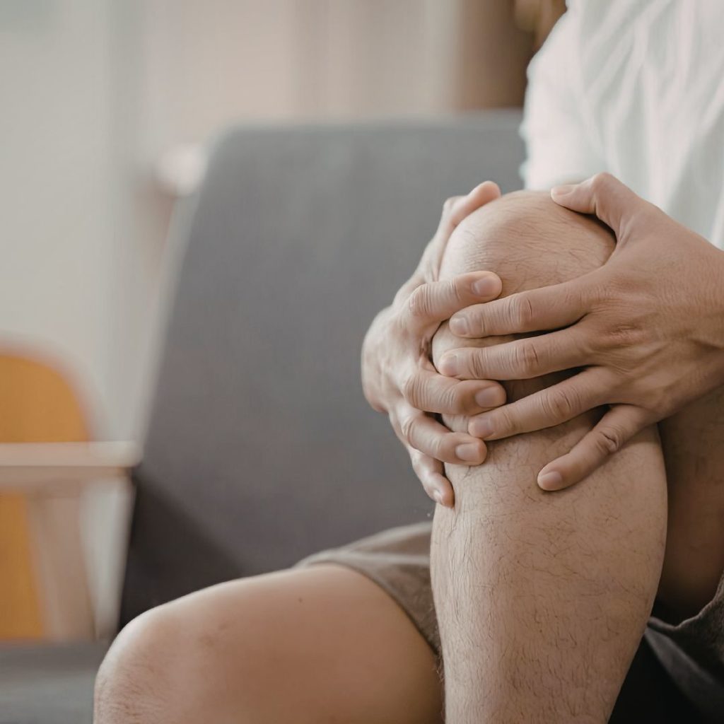 Middle-aged man sitting on a couch gently holding his knee due to discomfort