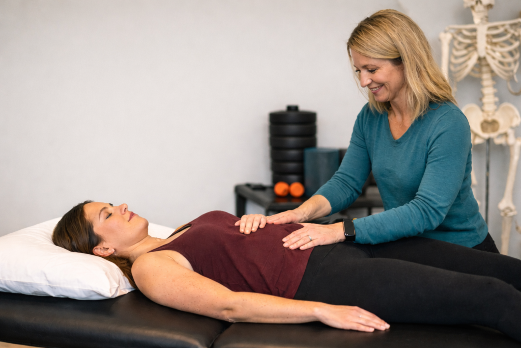 Core and breathing assessment during pelvic floor physical therapy session